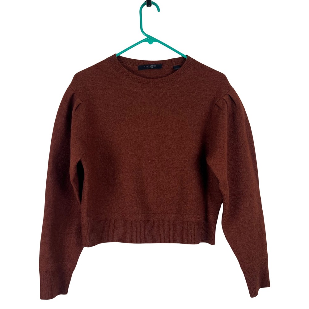 AllSaints Rust Brown 100% Merino Wool Puff Shoulder Cropped Sweater XS AS355384R